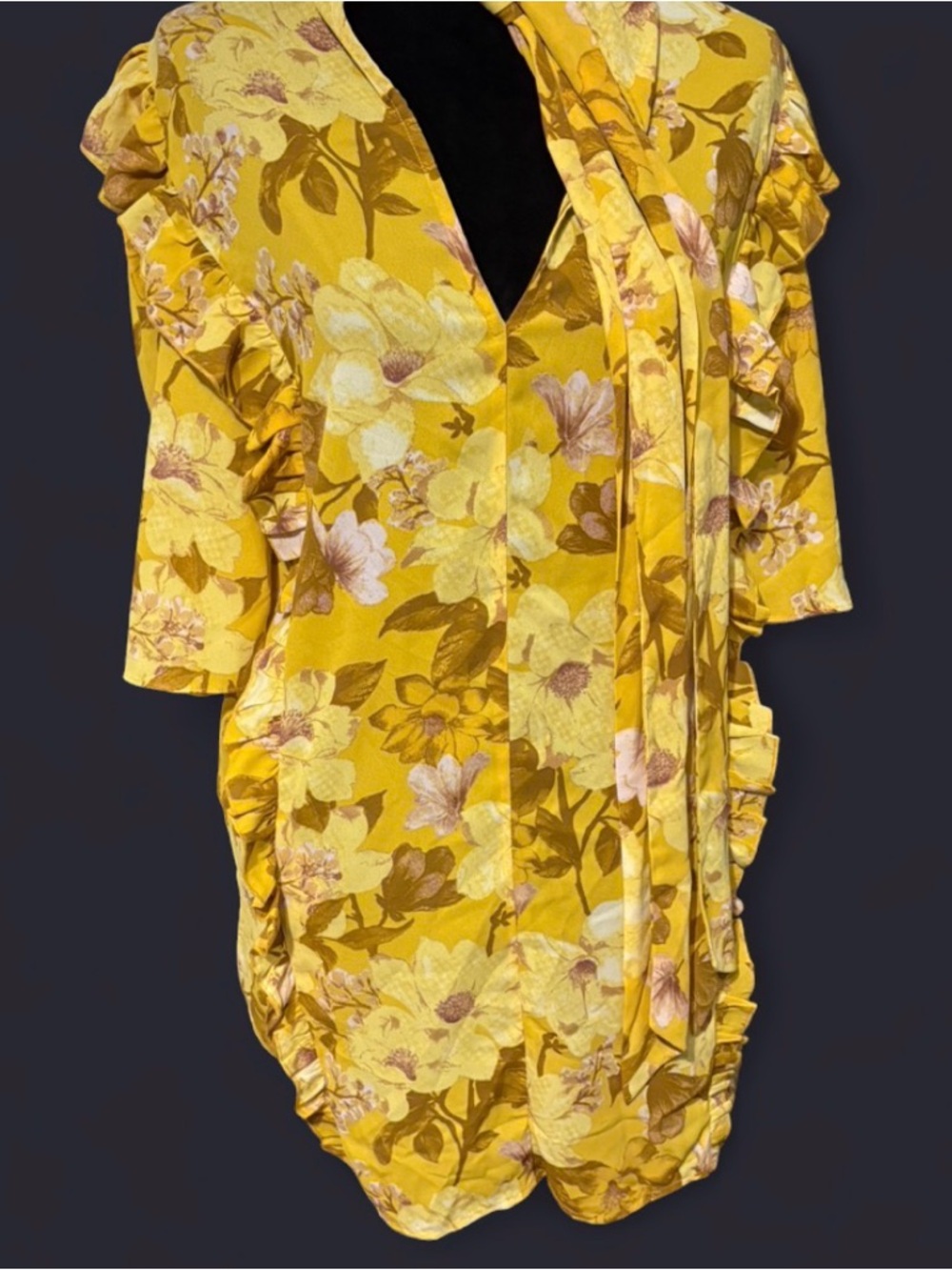 New York & Company Yellow Floral Draped Tunic